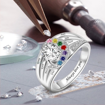 Személyre szabott S925 sterling ezüst gyűrű csillagos égbolt, hold és nap motívumokkal, név gravírral és születési kővel nőknek.