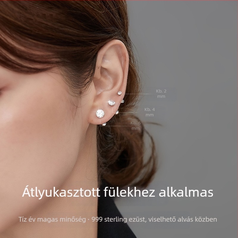 999 ezüst gyémánttal díszített csavaros záródású fülcsapok nőknek, ultra fényes, alvásbarát