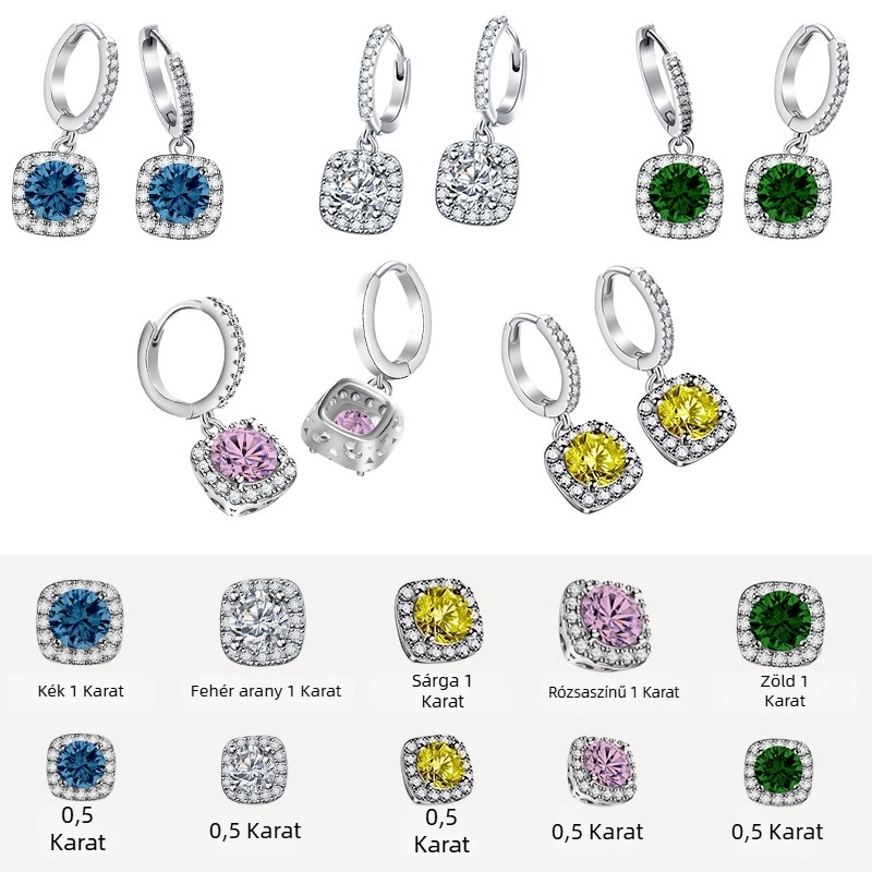 Moissanit fülbevalók nőknek – rézalap, ezüstbevonat és 925-ös ezüst rész, négyzet alakú