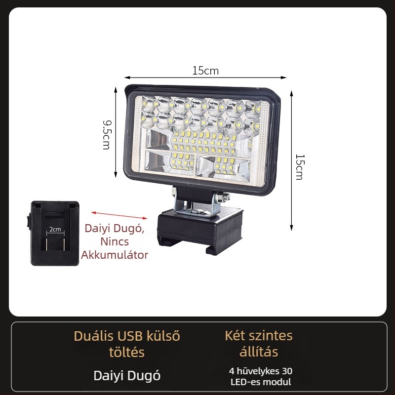 Li-akkumulátoros LED munkalámpa – univerzális, 100W, 12–80V, 5000K, LED élettartam 5000 óra, alumínium és műanyag ház