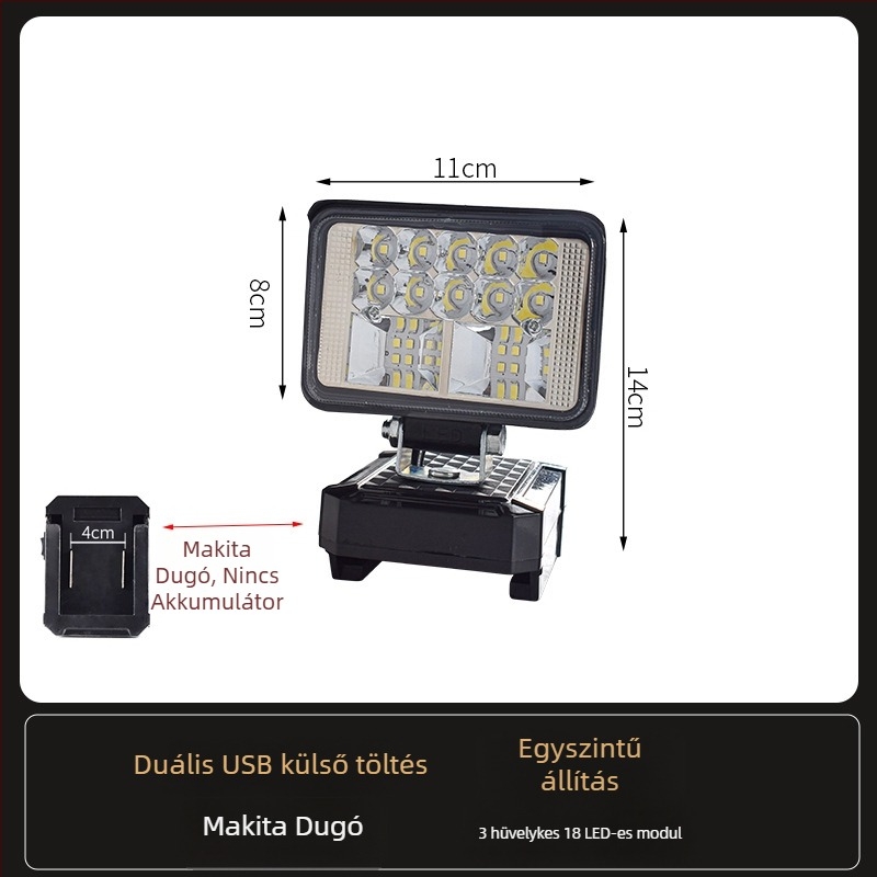 Li-akkumulátoros LED munkalámpa – univerzális, 100W, 12–80V, 5000K, LED élettartam 5000 óra, alumínium és műanyag ház