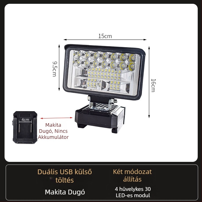 Li-akkumulátoros LED munkalámpa – univerzális, 100W, 12–80V, 5000K, LED élettartam 5000 óra, alumínium és műanyag ház