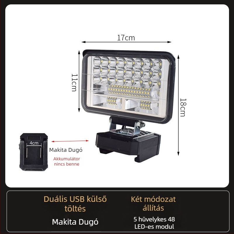 Li-akkumulátoros LED munkalámpa – univerzális, 100W, 12–80V, 5000K, LED élettartam 5000 óra, alumínium és műanyag ház