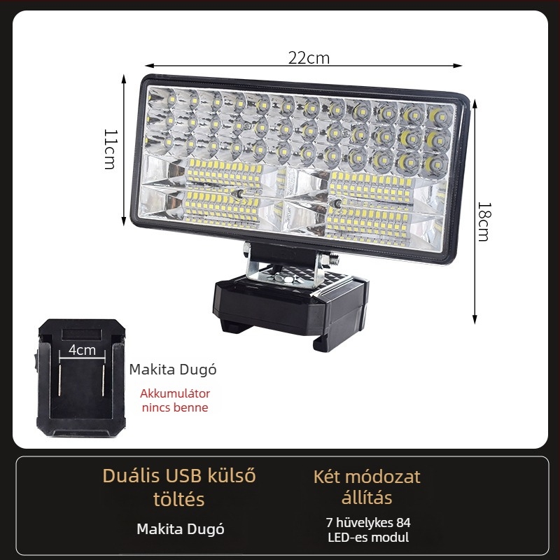 Li-akkumulátoros LED munkalámpa – univerzális, 100W, 12–80V, 5000K, LED élettartam 5000 óra, alumínium és műanyag ház