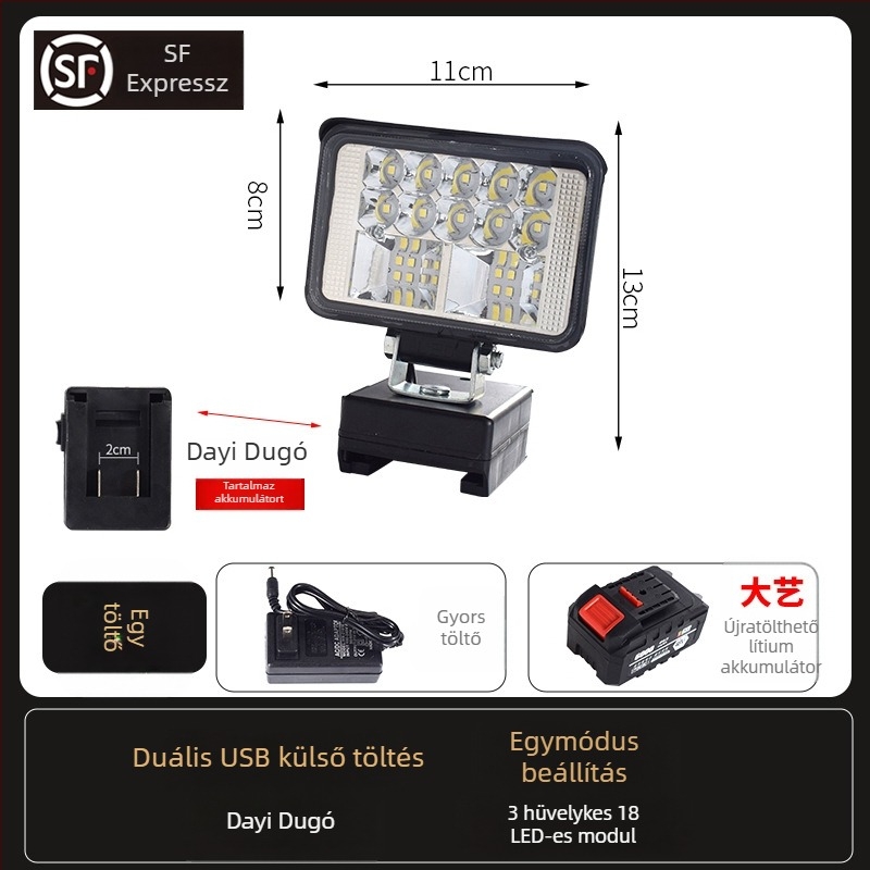 Li-akkumulátoros LED munkalámpa – univerzális, 100W, 12–80V, 5000K, LED élettartam 5000 óra, alumínium és műanyag ház