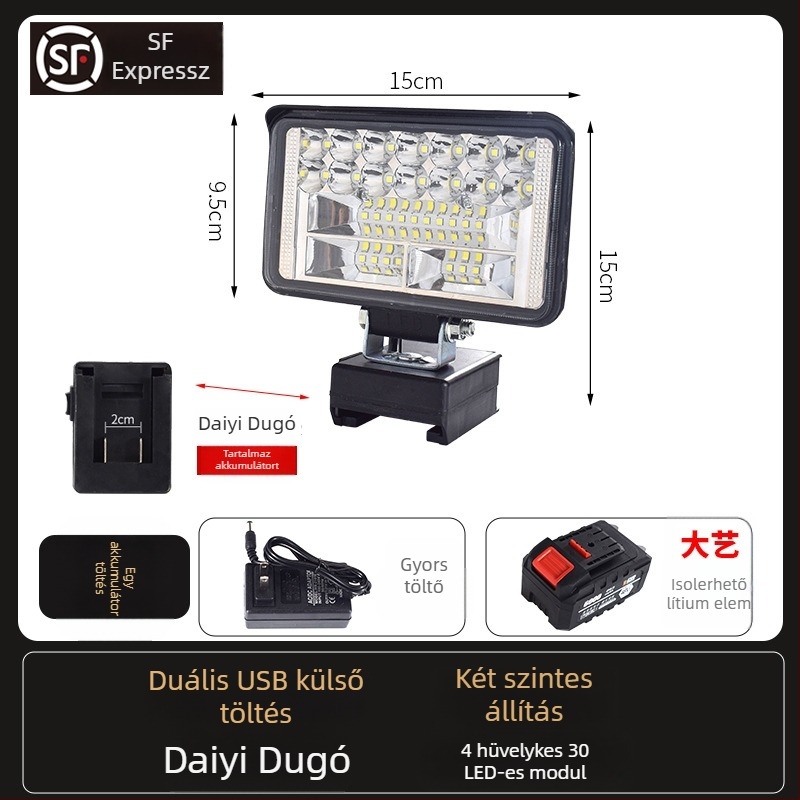 Li-akkumulátoros LED munkalámpa – univerzális, 100W, 12–80V, 5000K, LED élettartam 5000 óra, alumínium és műanyag ház