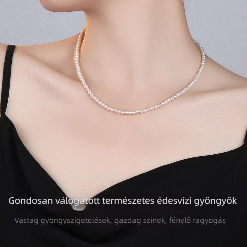 Frissvízi gyöngyökből készült nyaklánc, közel kerek formájú, 925 ezüst szövés, Zhuji eredet