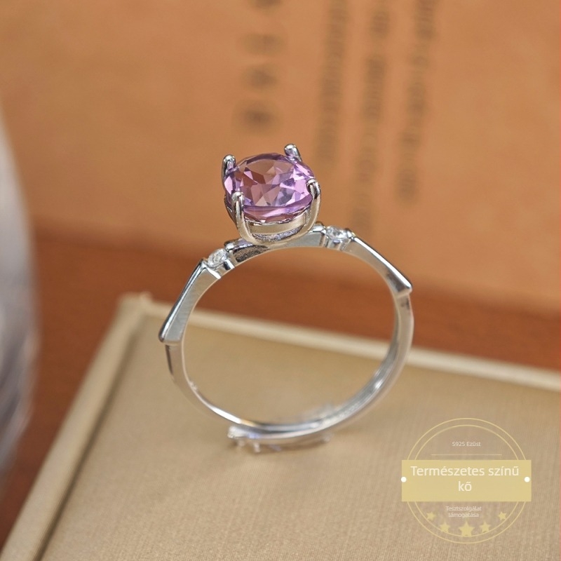 Ametiszt gyűrű Sterling ezüstben, egyszerű női geometrikus dizájn kövekkel