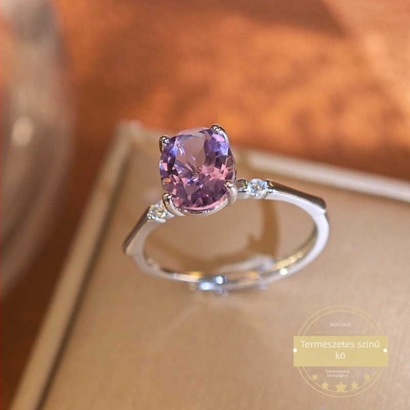Ametiszt gyűrű Sterling ezüstben, egyszerű női geometrikus dizájn kövekkel