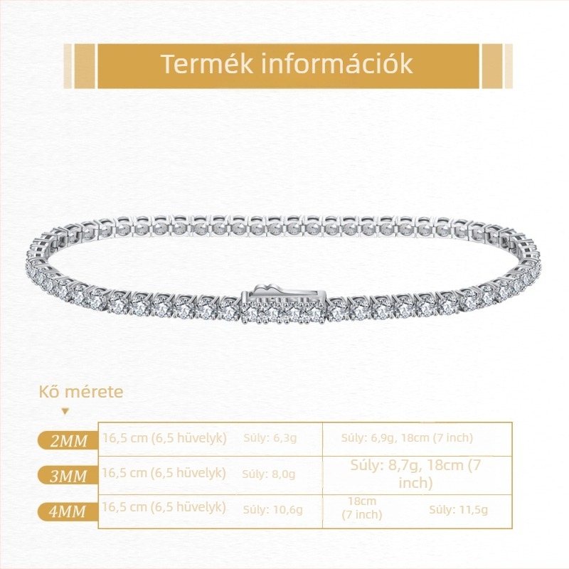 S925 ezüst teniszkarkötő egysoros köves lánccal, elektroplatolt felülettel, koreai női ékszer