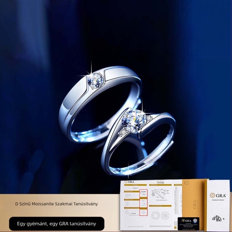 S925-ös ezüst Moissanite páros gyűrűk, egyszerű, állítható, nyitott kivitel férfiaknak és nőknek