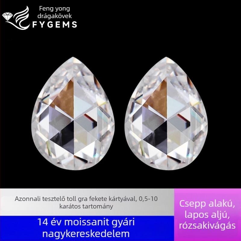 Moissanit köves, könnycsepp alakú, rose-cut vágás, D/DEF minőség, sík alj, átlátszó fehér, polírozott felület, VVS tisztaság