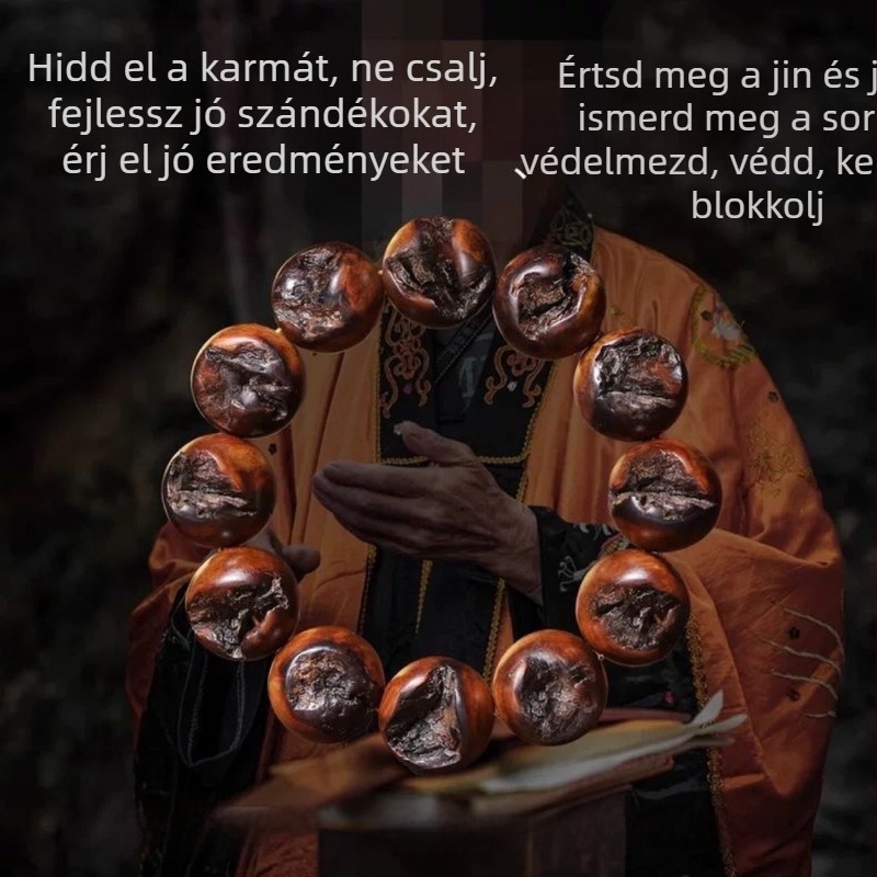 Fából készült uniszex karkötő kilenc karakteres mantra és Mennyei Írás gyöngyökkel