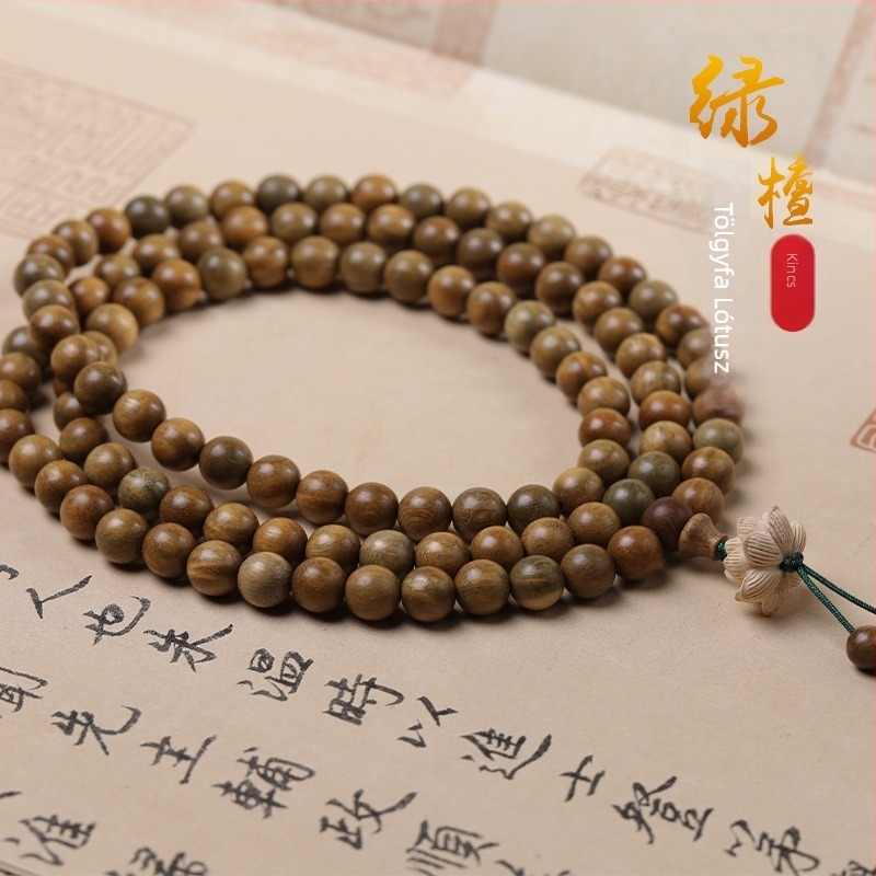 108 gyöngyös szantálfa buddhista karkötő, lótusz motívummal, természetes, uniszex
