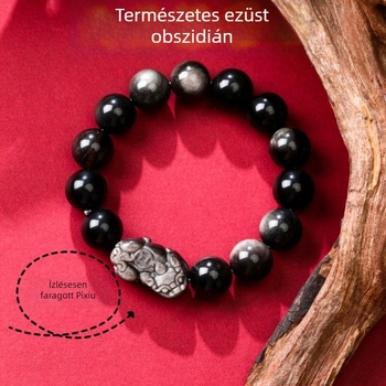 Pixiu obszidián karkötő – uniszex, gravírozott, 16 darabos készlet, Új kínai stílus, Zodiákus motívum