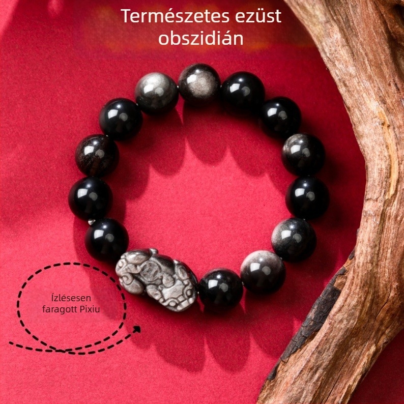 Pixiu obszidián karkötő – uniszex, gravírozott, 16 darabos készlet, Új kínai stílus, Zodiákus motívum