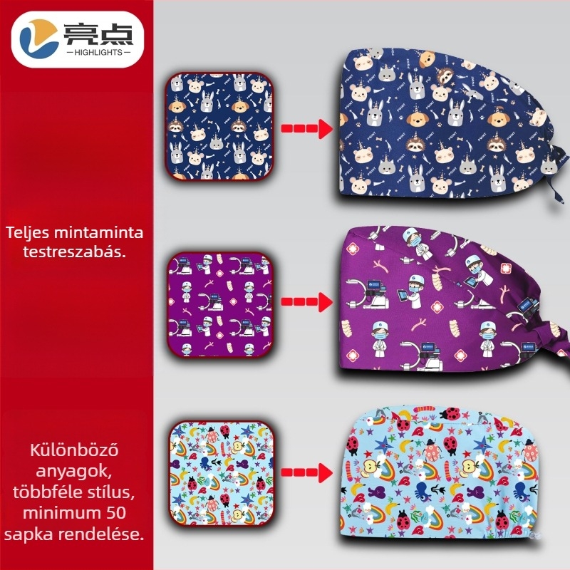 Pamut sebészeti sapka teljes mintázattal, digitális nyomtatással, DIY dizájn a műtőbe
