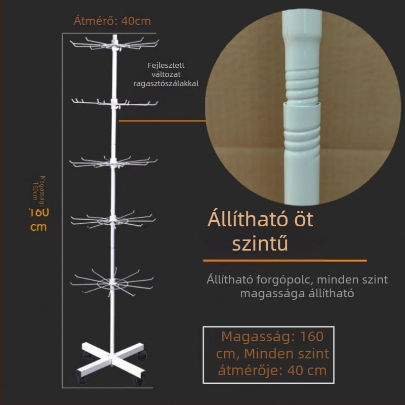 Fémes anyagból készült álló forgó kiállító állvány zoknik, kulcstartók, ékszerek és nyakláncok számára, 3-5 réteg