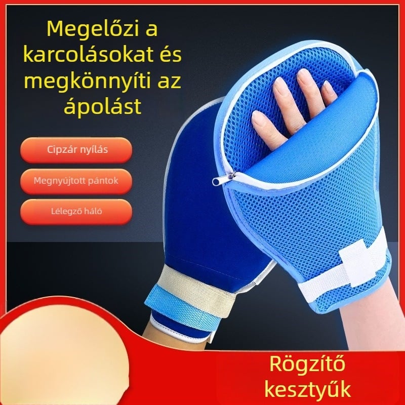 Korlátozó kesztyű idős demenciás betegek számára, kézvédő rögzítő övvel