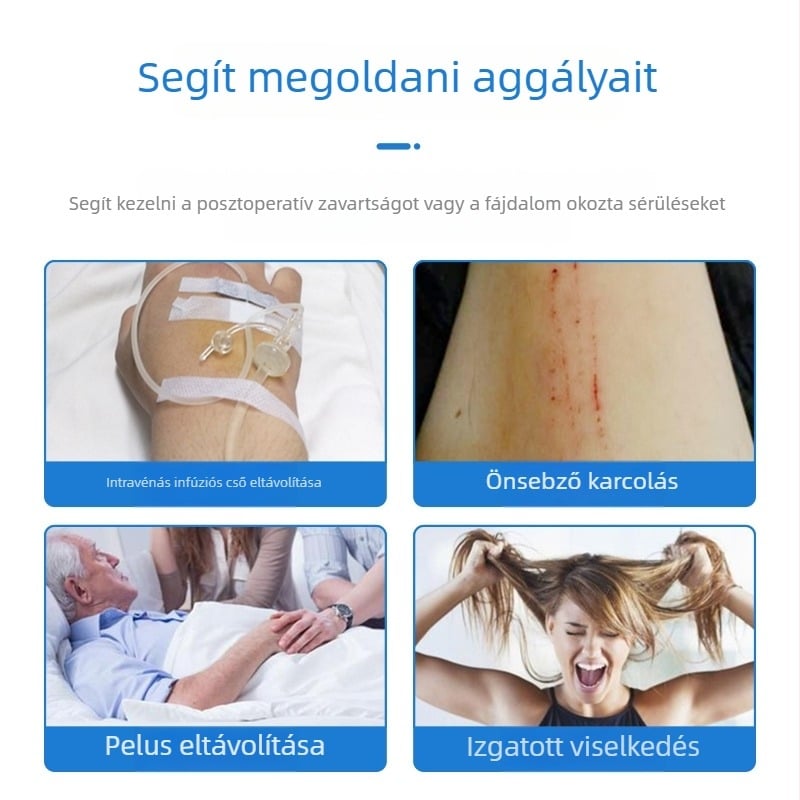Korlátozó kesztyű idős demenciás betegek számára, kézvédő rögzítő övvel