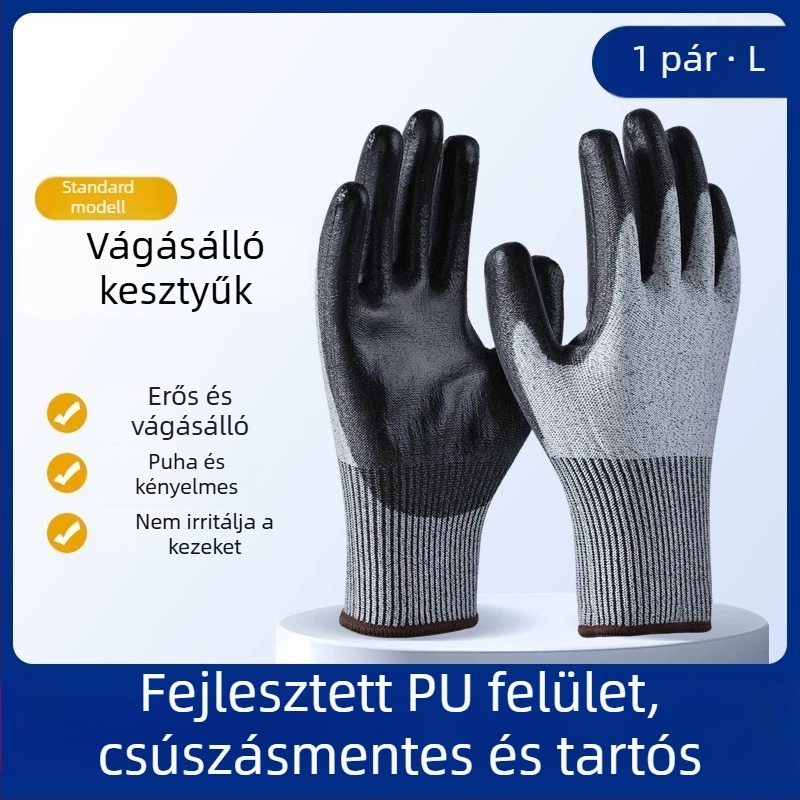 Vágásbiztos kesztyűk, védelmi szint 5, vágás és átszúrás elleni védelem, megvastagodott és kopásálló, anti-vágó huzal és ragasztóanyaggal, logisztikai műveletekhez