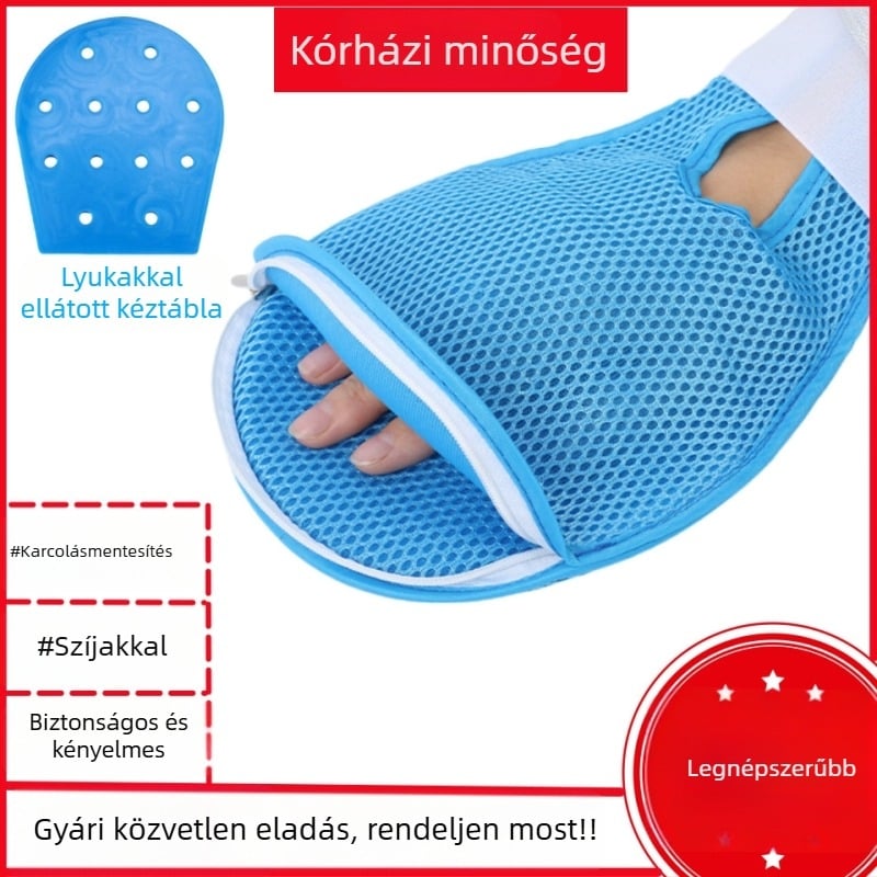Idős betegek kezének korlátozó kesztyűk, légáteresztő csuklórész, beépített karcolásmentes panel, kompozit anyag