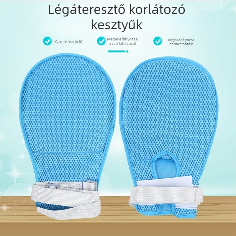 Idős betegek kezének korlátozó kesztyűk, légáteresztő csuklórész, beépített karcolásmentes panel, kompozit anyag