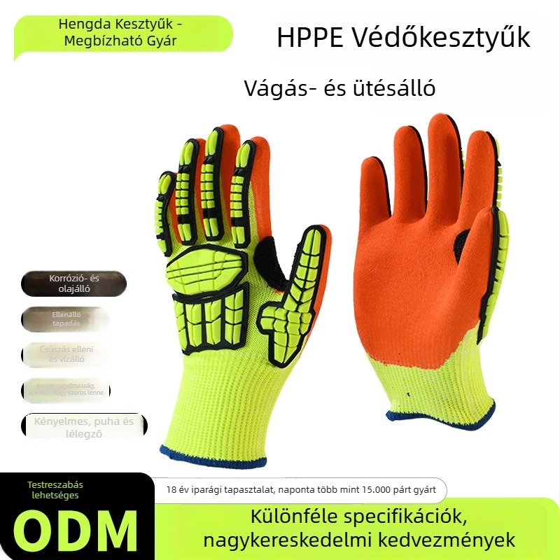 HPPE vágásbiztos munkakesztyű ütésvédő és csúszásmentes funkciókkal kerékpározáshoz, autójavításhoz, fémipari gyártáshoz és olajiparban – 200 g
