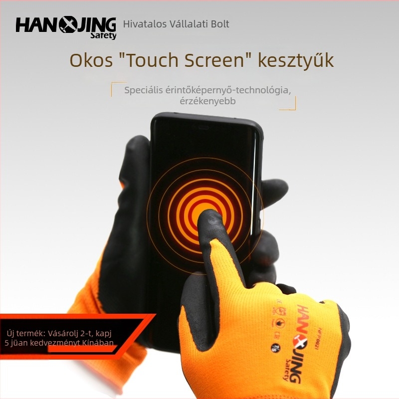 NFP001 nitril habosított érintőképernyős munkavédelmi kesztyű, légáteresztő, magas rugalmasság