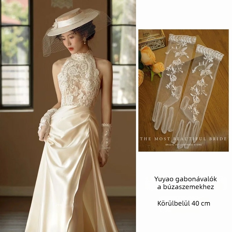 Menyasszonyi csipkés hálókesztyű – középhosszú, dekoratív kiegészítő menyasszonyi ruhához, elegáns retro stílus