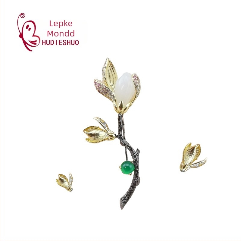Réz kitűző jáde berakással, orchidealevél mintázat, kínai stílus, művészi retro