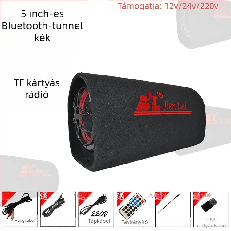 Autóhifi tuneles mélynyomó, 12V, 60–220W, 4Ω, 50Hz–20kHz, 1% torzítás