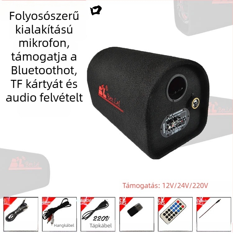 Autóhifi tuneles mélynyomó, 12V, 60–220W, 4Ω, 50Hz–20kHz, 1% torzítás