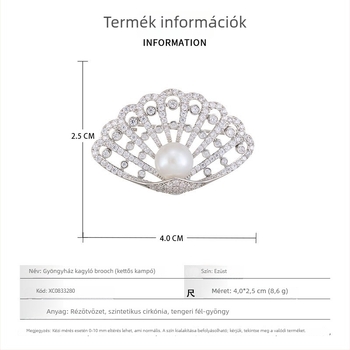 Kagyló alakú kitűző rézötvözetben mikro pavé cirkóniával és édesvízi gyönggyel, könnyed luxus stílusú női kiegészítő