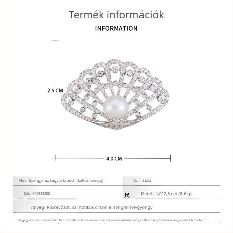 Kagyló alakú kitűző rézötvözetben mikro pavé cirkóniával és édesvízi gyönggyel, könnyed luxus stílusú női kiegészítő