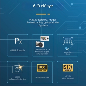 Diákoknak szánt duál képernyős digitális kamera — 4K/30fps, 18x optikai zoom, CMOS szenzor, autófókusz