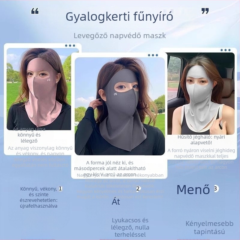 Teljes arcú nyakba integrált napvédő maszk, jégselyem anyagból, poliészter keverék, 2025 tavasza, lélegző