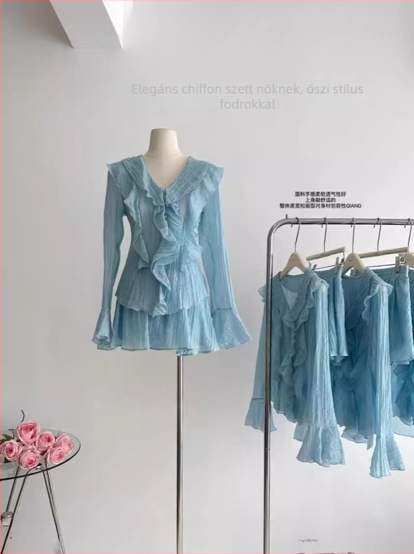 Női chiffon ing V-nyakú fodrokkal, hosszú ujjú, UPF30+ napsugárzás elleni védelem