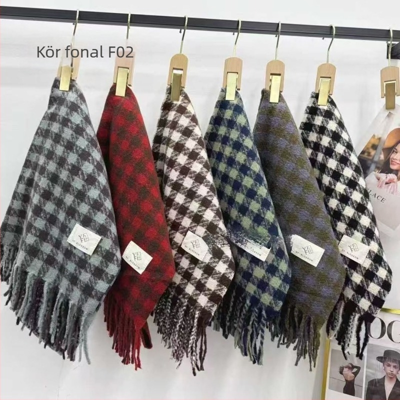 Sál kis kockás houndstooth mintázattal, műkasmír, warp-knit kötés, 100% poliészter, meghosszabbított hosszúságú, minimalist és sokoldalú, melegen tart a 2024-es télen