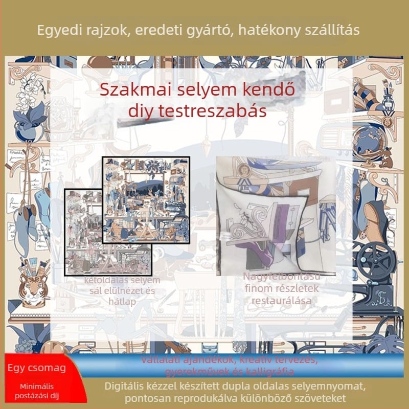 Kétoldalas nyomtatott selyemsál, mulberry selyem, egyszerű szövés, négyszögletes alak, tavasz