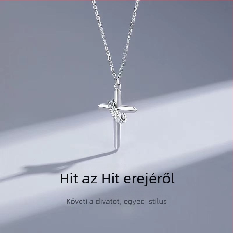 Férfi kereszt nyaklánc fehér réz medállal, keresztlánc, többsoros, 51–80 cm