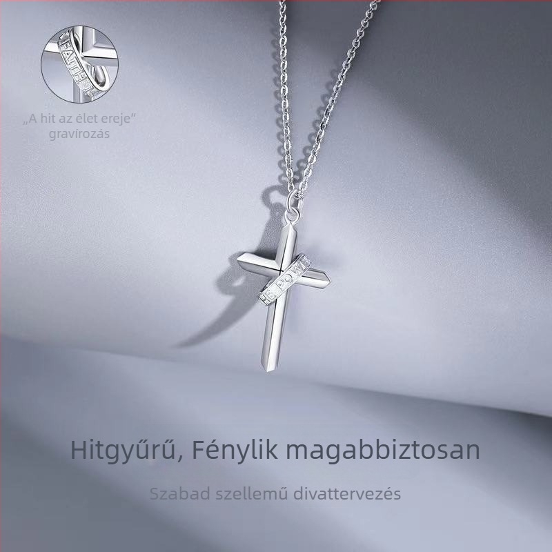 Férfi kereszt nyaklánc fehér réz medállal, keresztlánc, többsoros, 51–80 cm