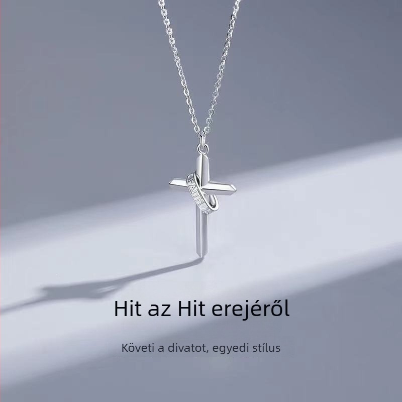 Férfi kereszt nyaklánc fehér réz medállal, keresztlánc, többsoros, 51–80 cm