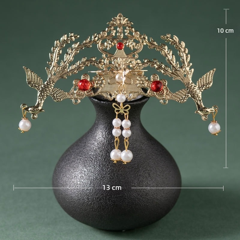 Hanfu hajkorona – retro fémből készült fejfedő, gyöngyös füzérrel a copfhoz, elektroplatírozott