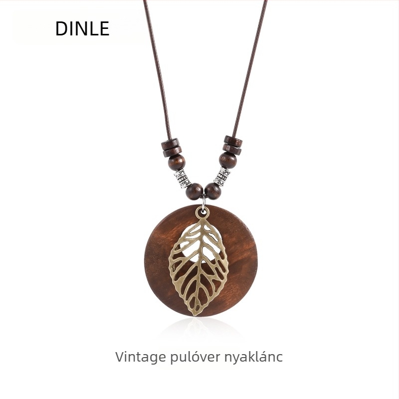 Geometriai mintázatú nyaklánc, kézzel készült; anyagok: réz, fa, PU zsinór; lánctípus: kulcscsont-lánc; stílus: könnyű luxus; márka: Dingle