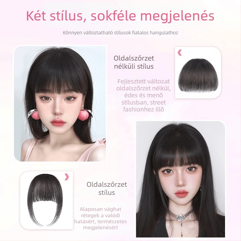 Női paróka képregényes frufruval, valódi emberi haj, kézzel szőtt, varrat nélküli homlokvonal, francia stílusú teljes frufru