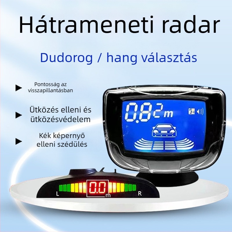 Autó hátrameneti radar 4/6/8 szenzorral, valós hangriasztás, félhold alakú LCD TFT kijelző, 12V, modell SP-89-1