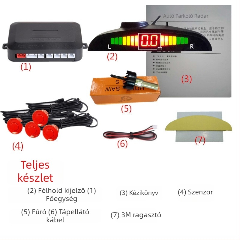 Autó hátrameneti radar 4/6/8 szenzorral, valós hangriasztás, félhold alakú LCD TFT kijelző, 12V, modell SP-89-1