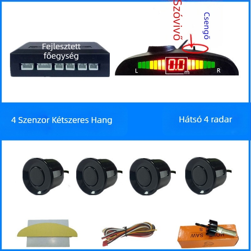 Autó hátrameneti radar 4/6/8 szenzorral, valós hangriasztás, félhold alakú LCD TFT kijelző, 12V, modell SP-89-1