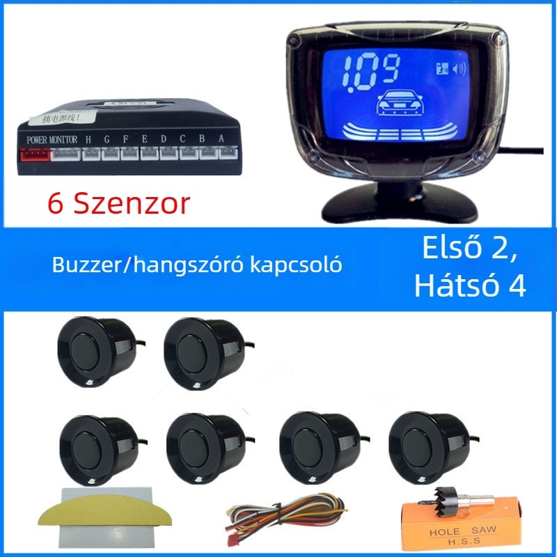 Autó hátrameneti radar 4/6/8 szenzorral, valós hangriasztás, félhold alakú LCD TFT kijelző, 12V, modell SP-89-1